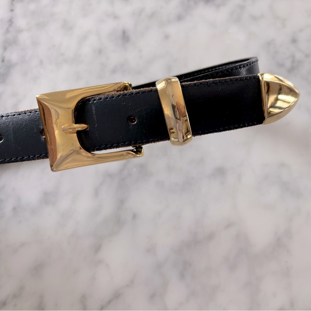 Vintage navy leather western vibes belt with gold buckle and tip size 30” waist